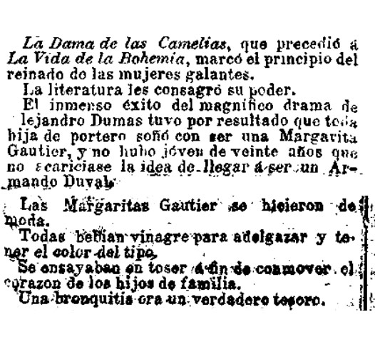 Fragmento del periódico La Correspondencia de España, donde se vincula la moda de beber vinagre para adelgazar con la obra La Dama de las Camelias, de Alejandro Dumas.