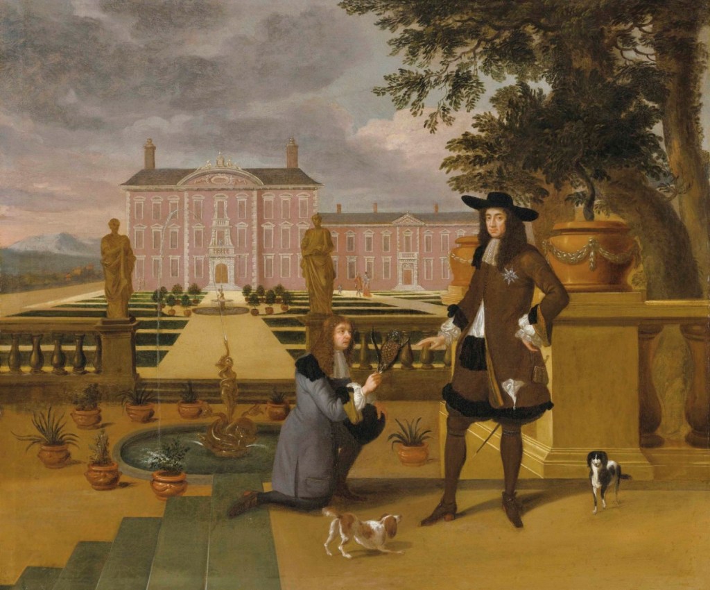 El rey Carlos II recibe una piña de manos del jardinero real, John Rose, en los jardines formales de una finca.